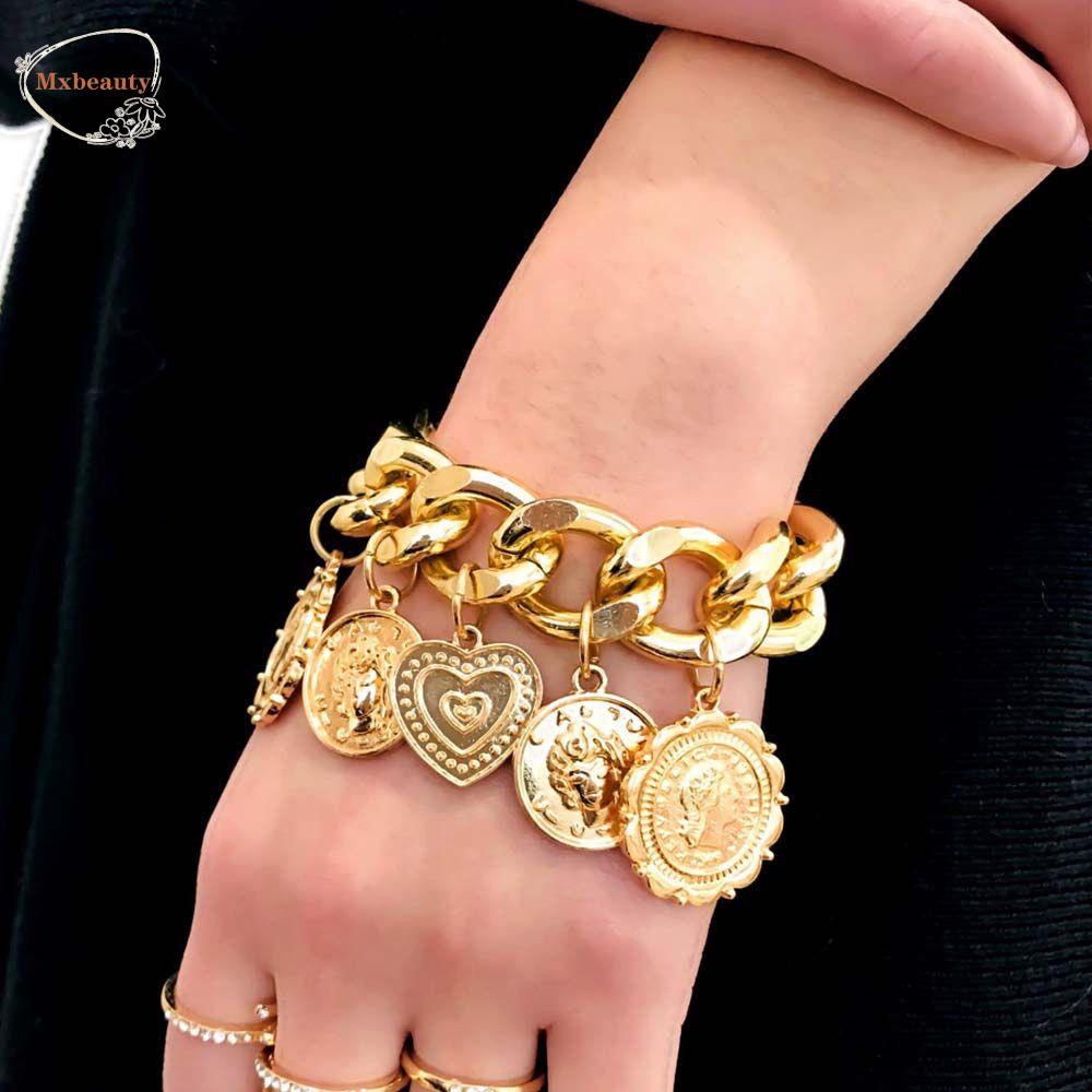 Mxbeauty Gelang Rantai Tebal Liontin Koin Geometris Warna-Warni Gaya Punk Untuk Aksesoris Perhiasan