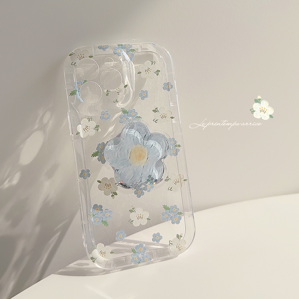 IPHONE Musim Panas Bunga Biru Kecil Lembut TPU Transparan Penuh Perlindungan Case Cover Dengan Bunga Glittle Pasir Hisap Holder Untuk Iphone11 12 13 14 PLUS PRO MAX