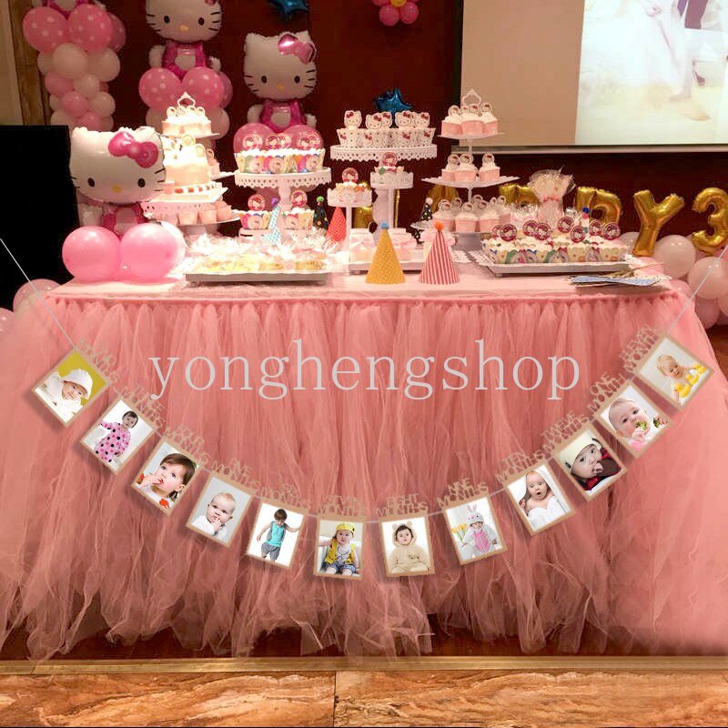 Baby's 1st Birthday Party Hiasan Dinding 12bulan Bingkai Foto Bunting Garland DIY Foto Banner Tarik Bendera Baby Shower Perlengkapan Dekorasi