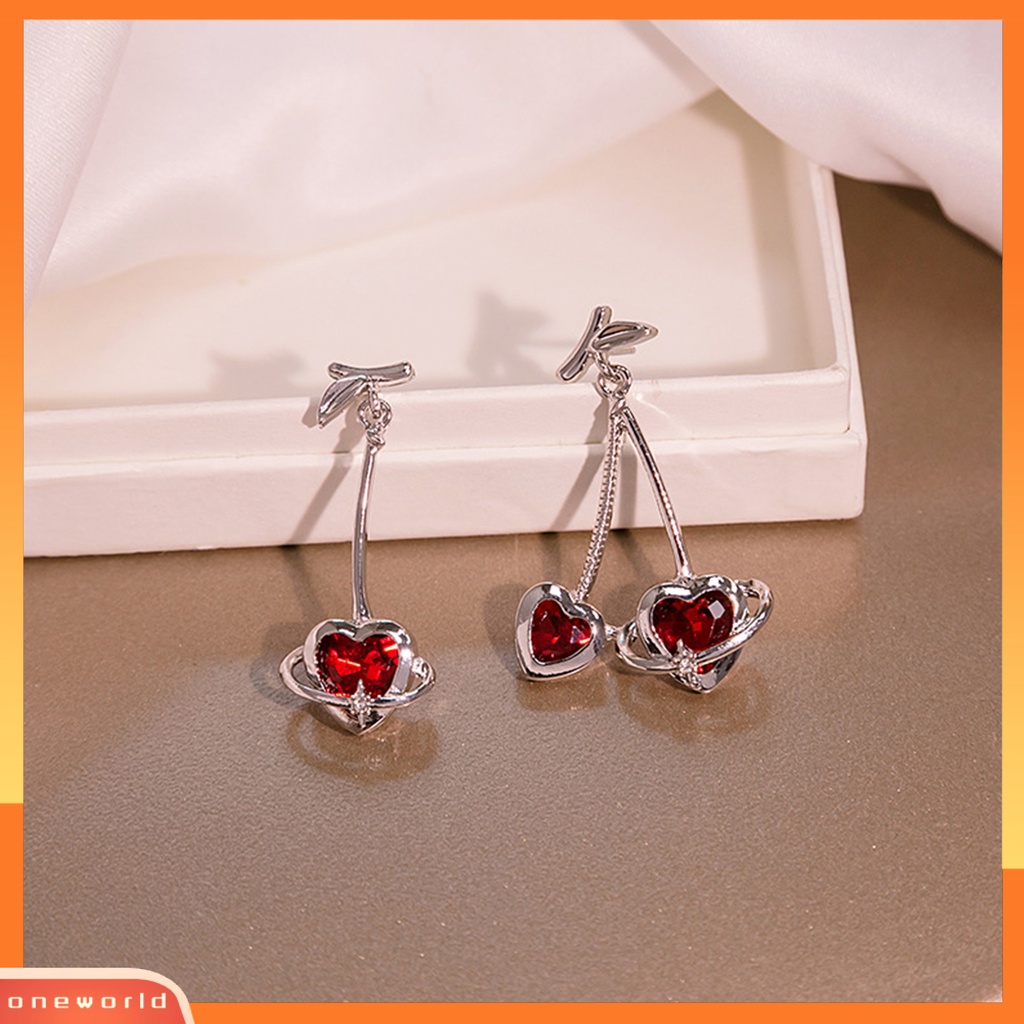 [EONE] 1pasang Liontin Anting Asimetris Geometris Splicing Fashion Cinta Hati Merah Berlian Imitasi Ear Studs Perhiasan Aksesori