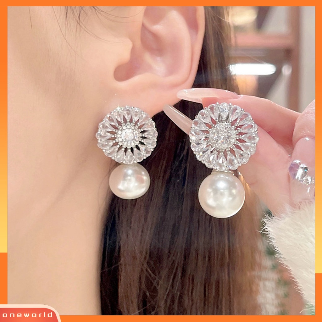 [EONE] 1pasang Drop Earrings Cubic Zirconia Shiny Charming Geometric High-end Dekorasi Aksesori Baroque Bunga Imitasi Mutiara Anting Perhiasan Pertunangan