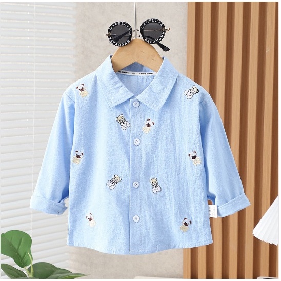 Kemeja anak cewek cowok import KEMEJA BIRU PUTIH BONEKA TEDDY