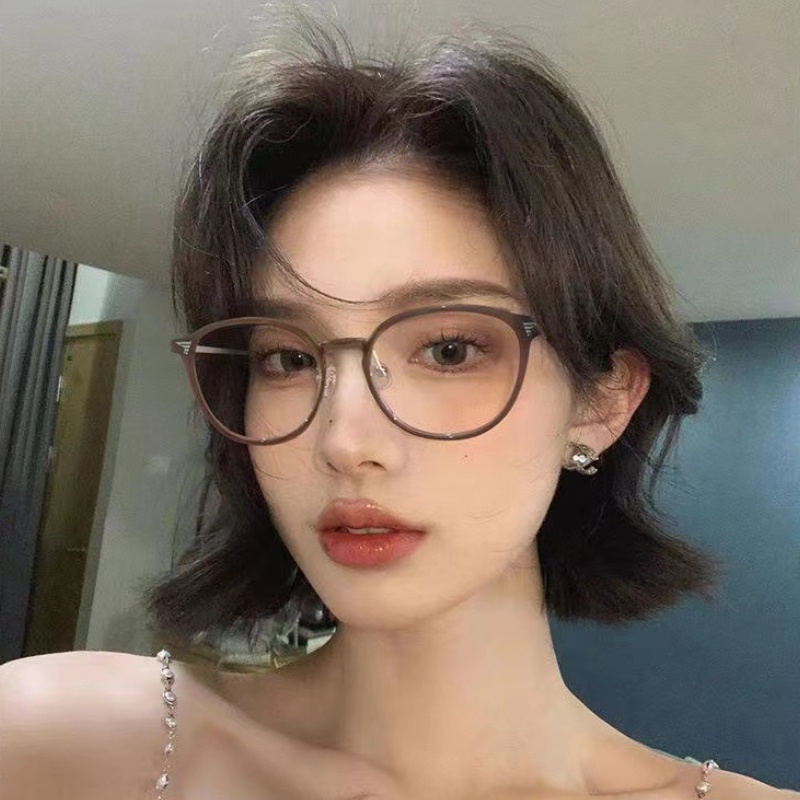 (YUZHU) Korea Fashion Ultra Ringan Coklat Bingkai Bulat Miopia Kacamata Wanita Lensa Yang Dapat Diganti Eyeglasses