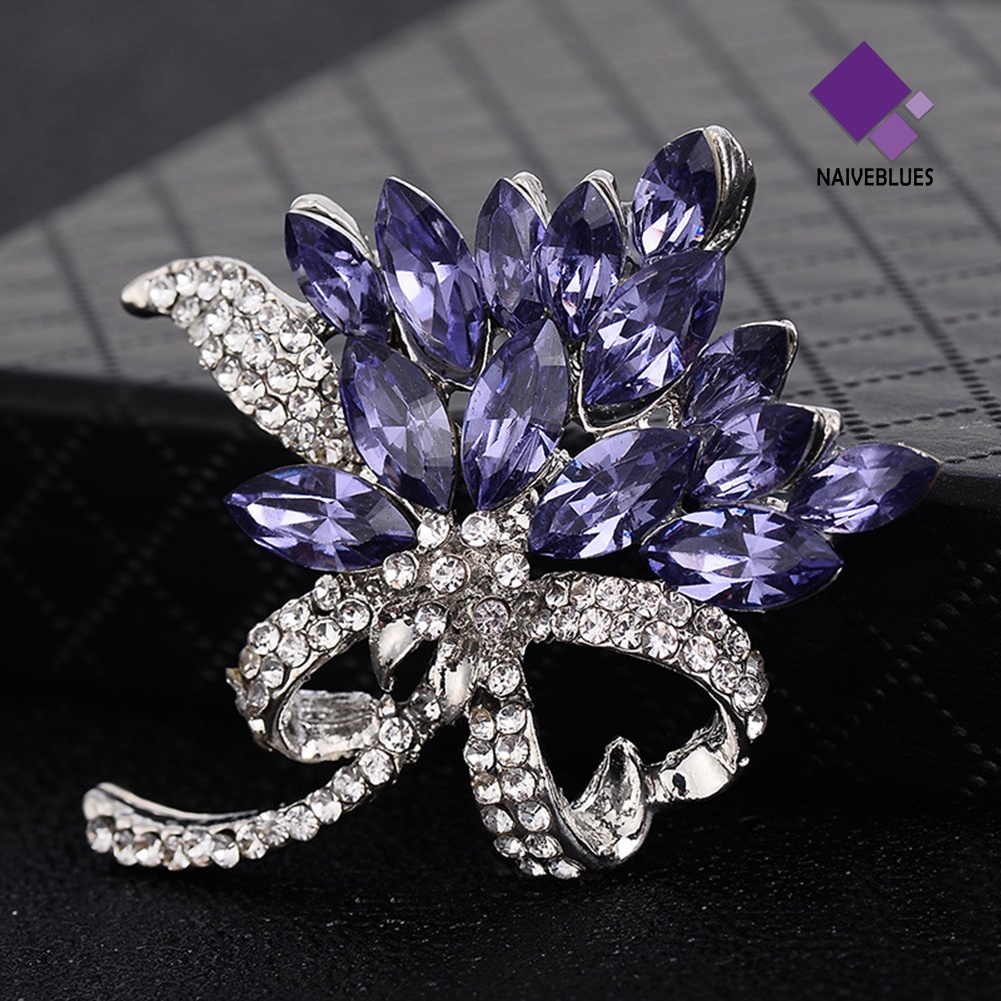 &lt; Naiveblues &gt; Elegan Marquise Cut Shiny Rhinestone Buket Bunga Wanita Bros Pin