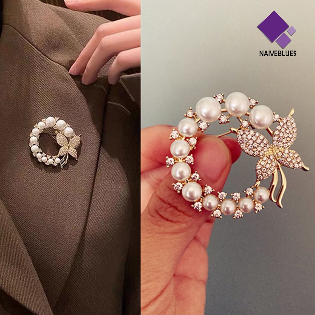 &lt; Naiveblues &gt; Lady Pin Berlian Imitasi Mutiara Imitasi Bentuk Kupu-Kupu Coat Bros Untuk