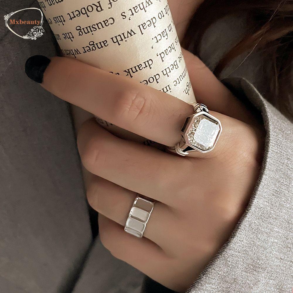 Mxbeauty Korea Cincin Untuk Wanita Pria Fashion Persegi Hadiah Valentine Jari Perhiasan Warna Perak Unisex Hip Hop Adjustable Ring