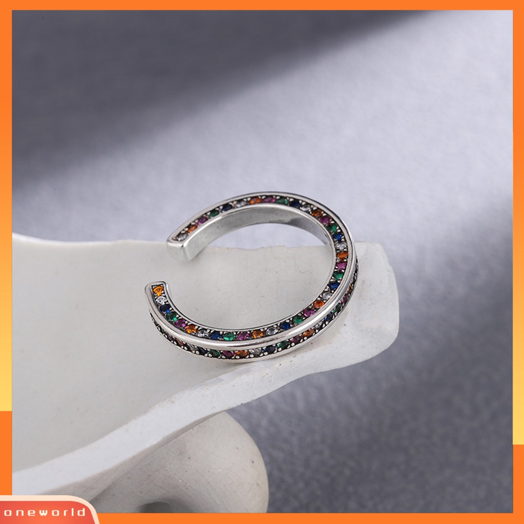 [EONE] Wanita Cincin Terbuka Dapat Disesuaikan Dipoles Warna Perak Pelangi Mengkilap Berlian Imitasi Bertatahkan Jari Cincin Fashion Perhiasan