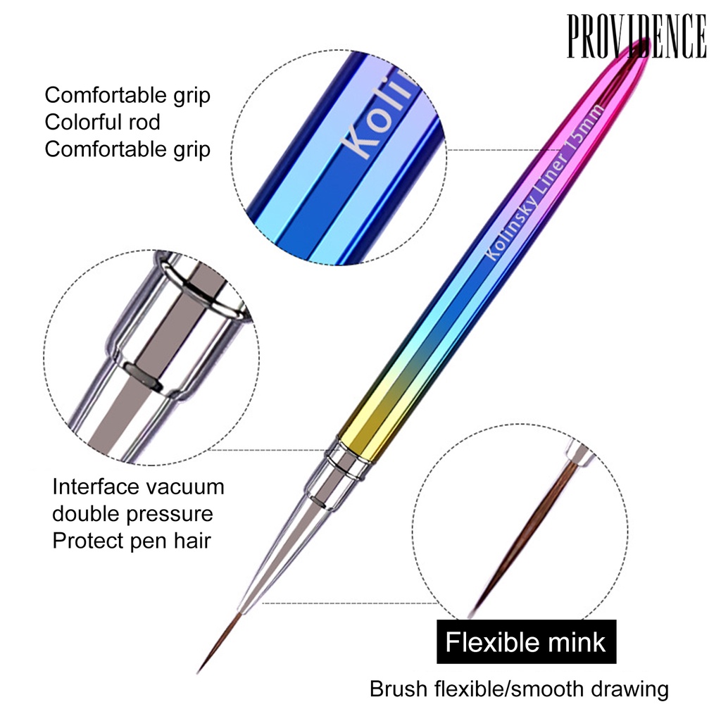 Providence 5per7 /9 /12 /15mm Nail Liner Pen Gagang Logam Nyaman Grip Bulu Fleksibel Warna Gradien Tip Halus Alat Manikur Kuku Gel Polandia Kuas Lukis Perlengkapan Salon Kuku