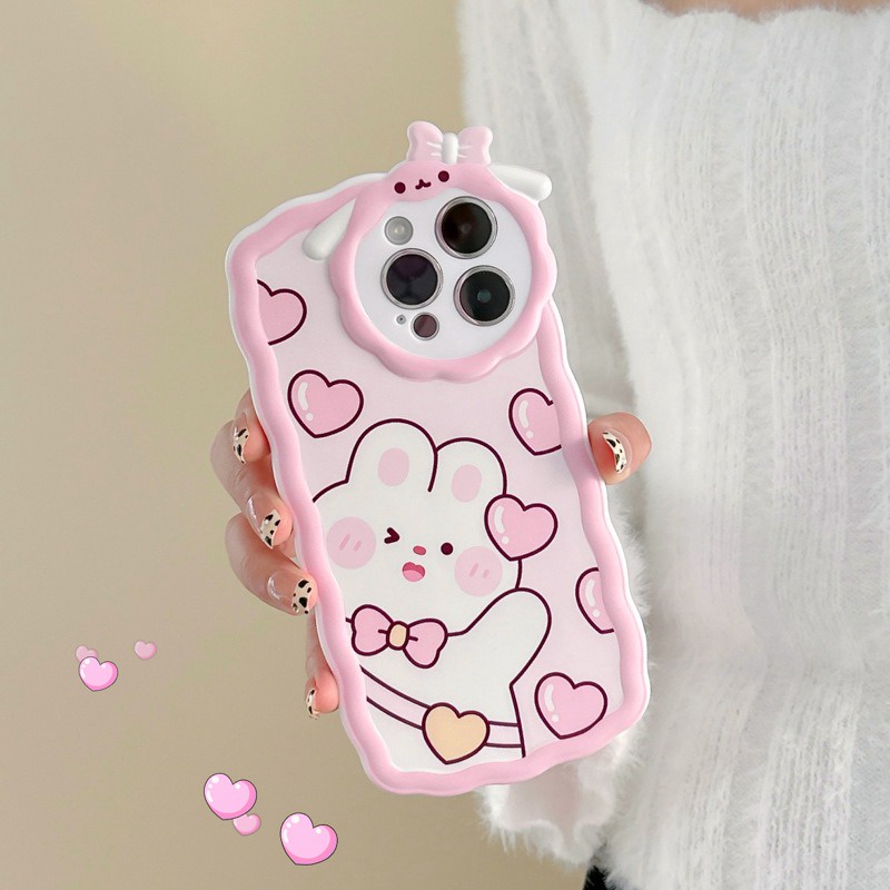 【Lamb Style】Pink Lucky Bunny Soft TPU Case HP iP iPhone 11 12 13 14 Pro Max 7 8 + Plus SE 2020 X XS XR Max Girl Woman FTD Casing Apple