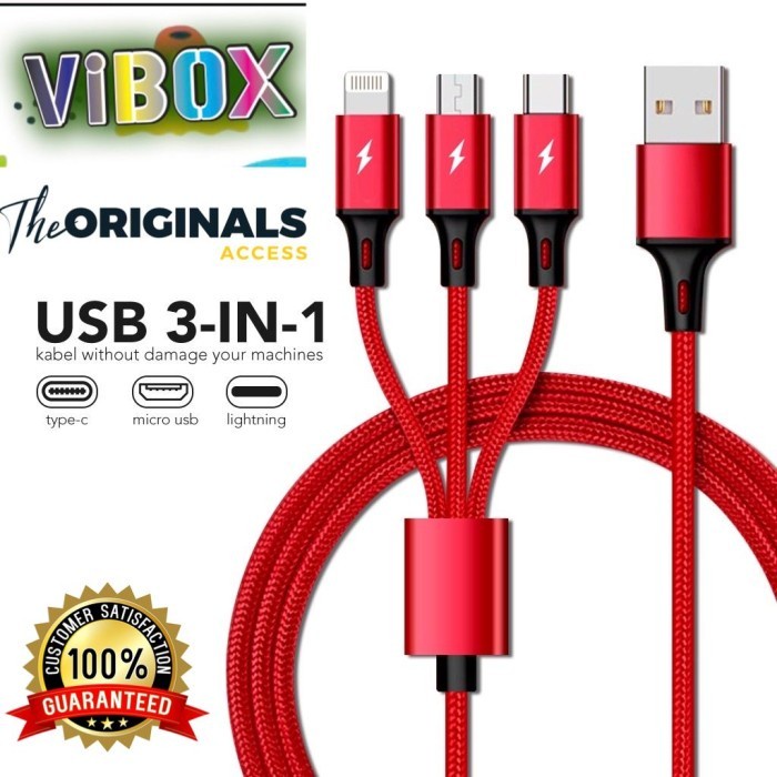 Kabel Data 3in1 VIBOX 6A 120cm Micro USB/Type C/iPhone Fast Charging Kabel Casan Braided Awet Banget