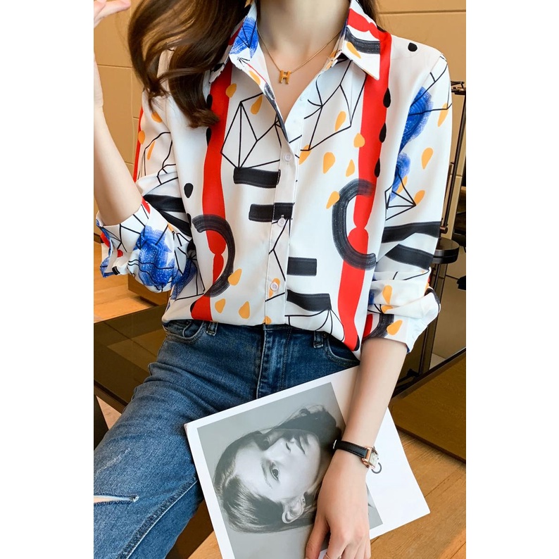 2023 New Fashion Korean White Long Sleeve Women Shirt Personalized Print Casual OL Work Party Tops Clothes