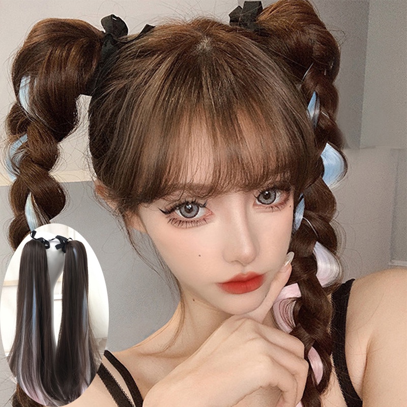 1pc Highlight Dyed Wig Ponytail Manis Keren Gadis Lurus Simulasi Wig Piece Rambut Ekstensi 60cm