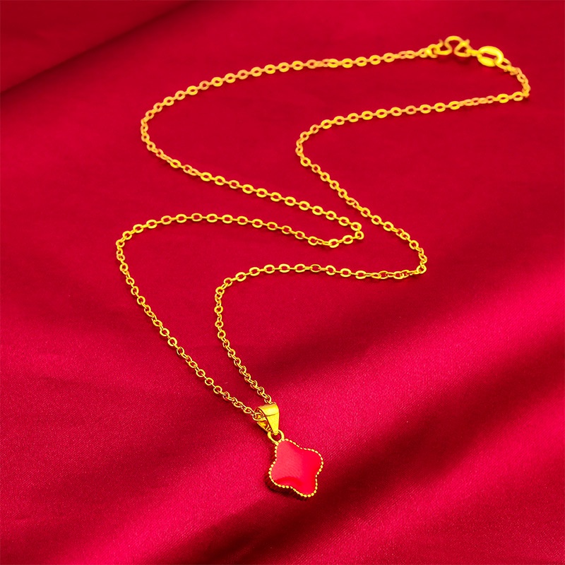 Goldkingdom Aksesoris Perhiasan Fashion Ready Stock Wanita Merah Hitam Tetes Minyak Semanggi Liontin Kalung