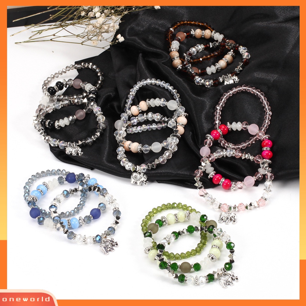 [EONE] 3 Pcs/Set Gajah Menjuntai Tali Elastis Perempuan Gelang Multilayer Wanita Bohemia Manik-Manik Kristal Imitasi Gelang Perhiasan Aksesori