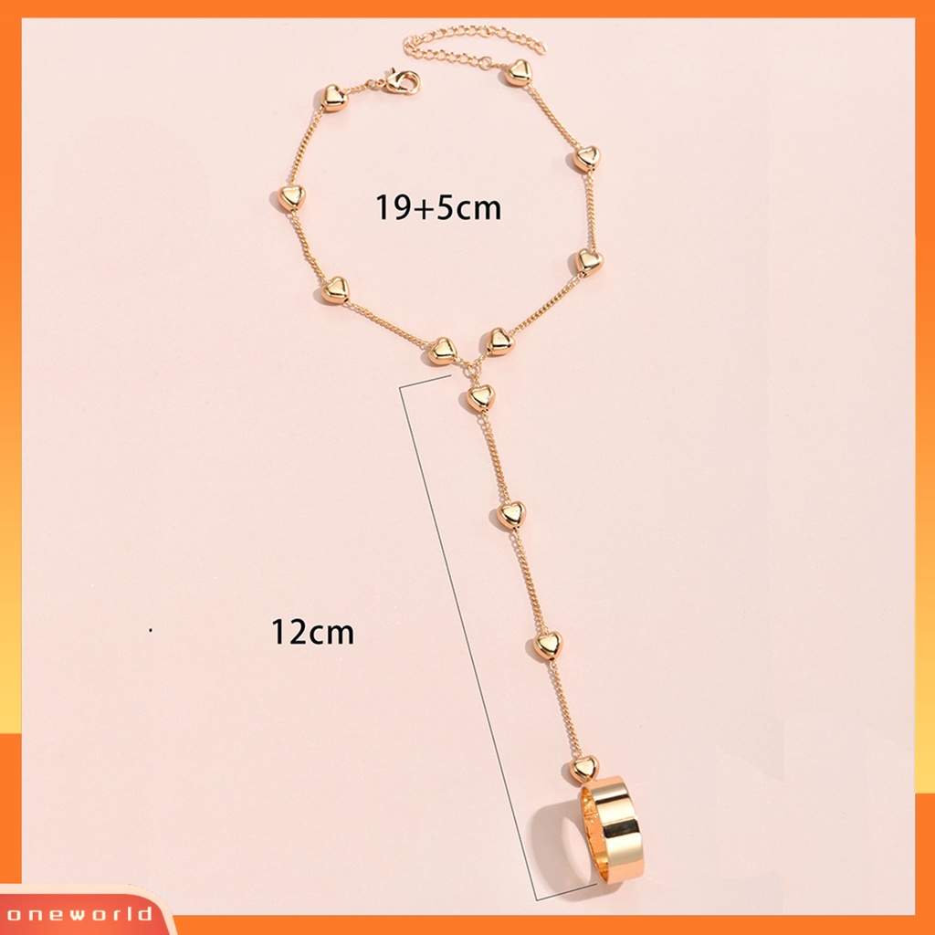 [EONE] Wanita Cincin Gelang Set Warna Solid Paduan Kokoh Bentuk Hati Cincin Tangan Rantai Set Prom Perhiasan