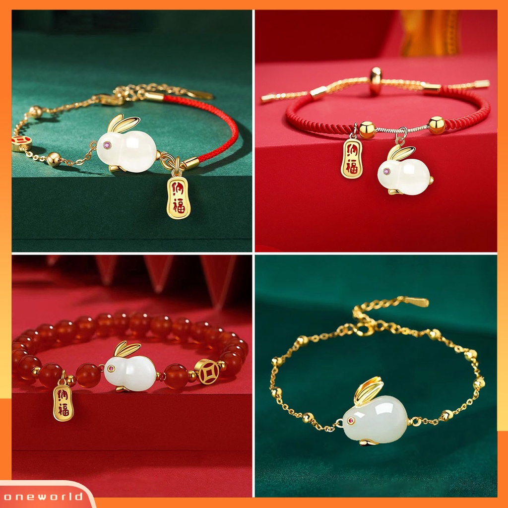 [EONE] Wanita Gelang Gaya Cina Fu Karakter Liontin Menguntungkan Hadiah Setengah Tali Merah Setengah Rantai Faux Jade Rabbit Bangle Untuk Harian