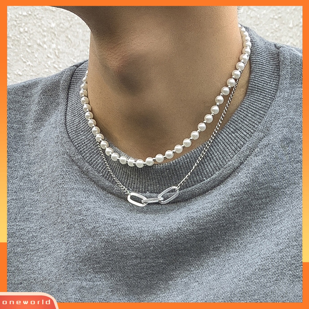 [EONE] Pria Kalung Hias All-match Double-Layered Geometris Mutiara Imitasi Choker Necklace Untuk Pakaian Sehari-Hari