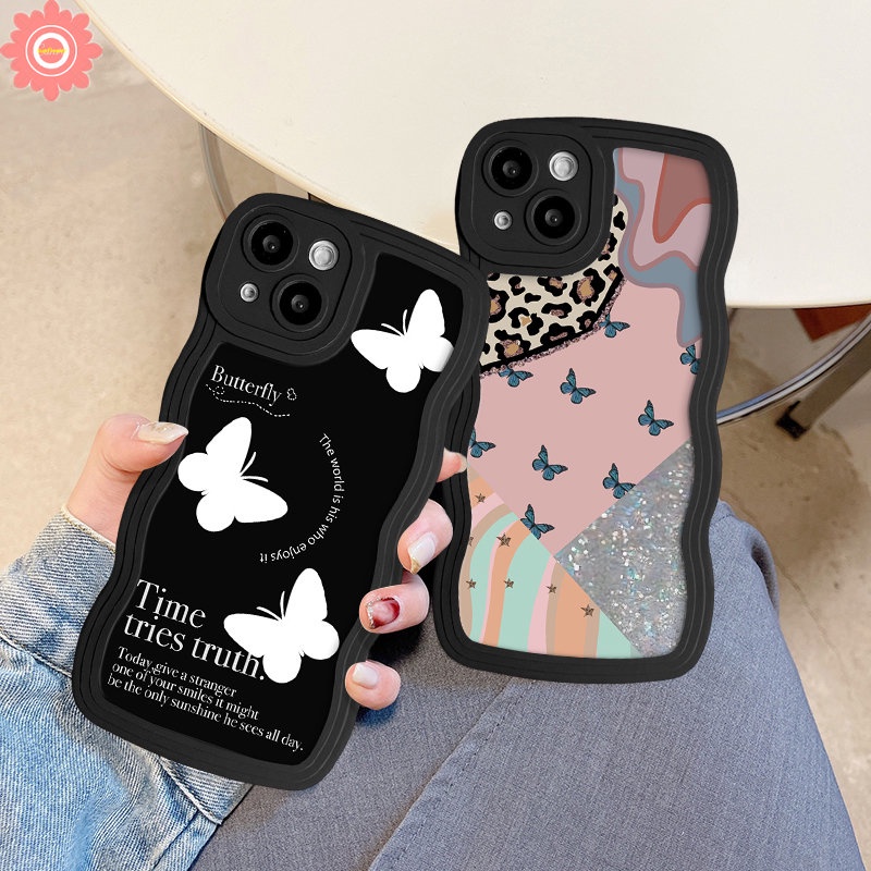 Ins Fashion Retro Fantasy Butterfly Phone Case Untuk iPhone 7Plus XR 11 6s 7 8 6 Plus 14 13 12 Pro Max 14 X XS Max SE 2020 Wavy Edge Silicon Lembut Tpu Back Full Cover