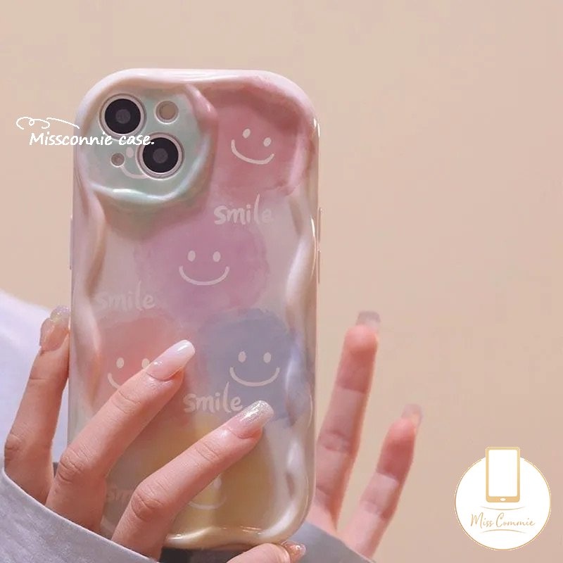 IPHONE Tinta Cute Smiley Face Case Kompatibel Untuk Iphone12 13 11 14 Pro Max XR X 7 8 6s 6 Plus XS Max SE 2020 Senyum Indah 3D Wavy Curved Edge Glossy Shockproof Soft Cover