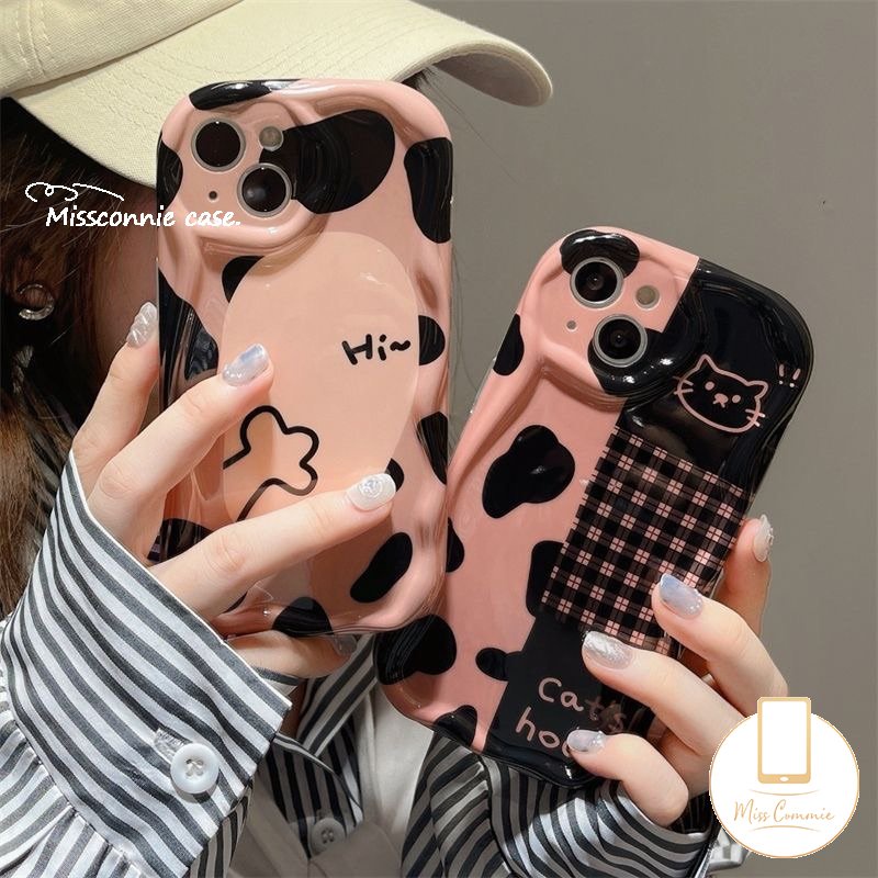 Casing Kotak-Kotak Leopard Kucing Kartun Yang Indah Untuk Realme C55 5 5i 6i 7i 5s C12 C53 C21Y C35 C15 C25 C25Y C33 C31 C11 C20 C17 C25s C30 C21 C20A C3 3D Wavy Curved Edge Soft Case