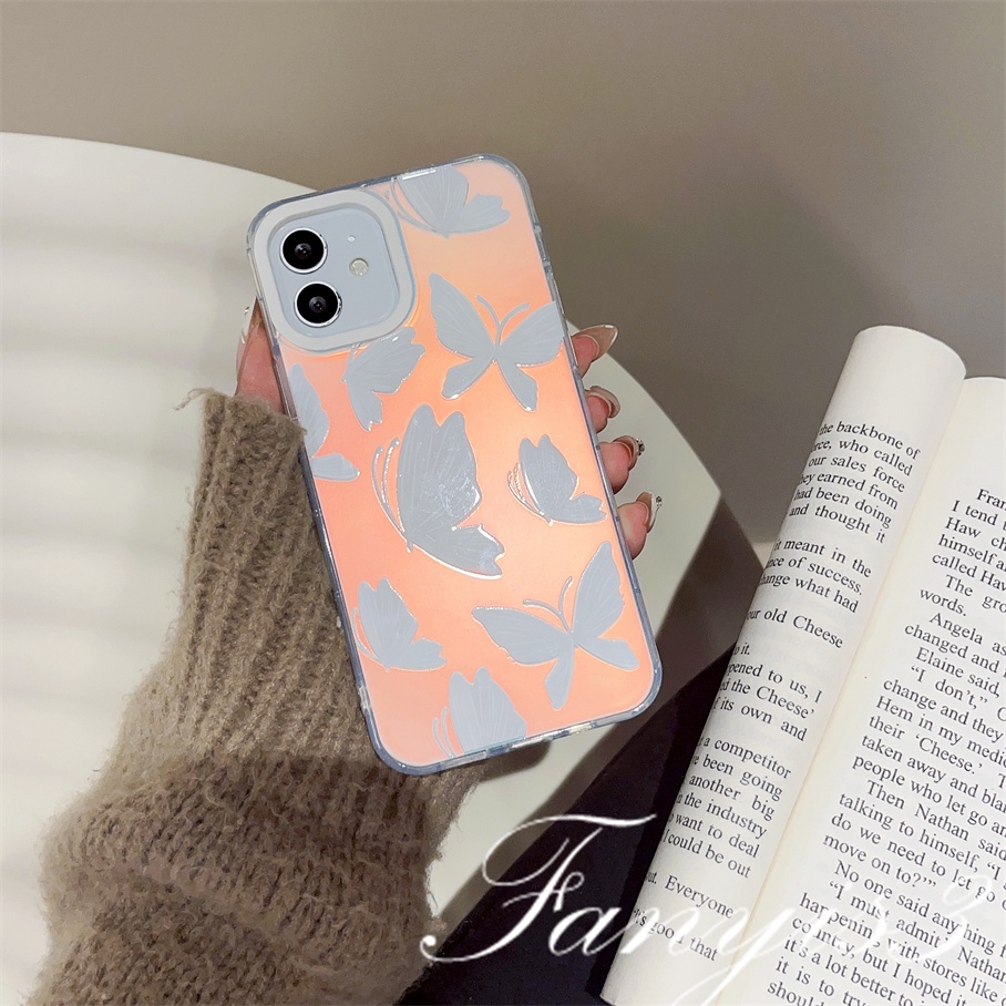 Compatible For IPhone 14 13 12 11 Pro Max X XR Xs Max 8 7 Plus SE 2020 Kompatibel Untuk White Rabbit Butterfly IMD Laser Gradient Phone Case TPU Lembut Shockproof Cover Pelindung