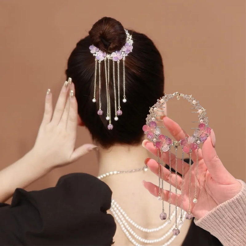 Korea Berlian Imitasi Mutiara Rumbai Rambut Cakar Artefak Elegan Populer Amethyst Bunga Jepit Rambut Bola Kepala Ponytail Rambut Gesper Gesper Untuk Wanita Ornamen