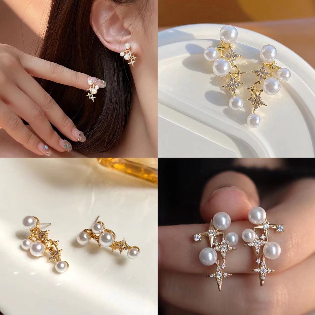 S925 sterling silver Anting Bintang Mutiara Wanita Serbaguna Tinggi -Tingkat retro Temperamen Anting Perempuan