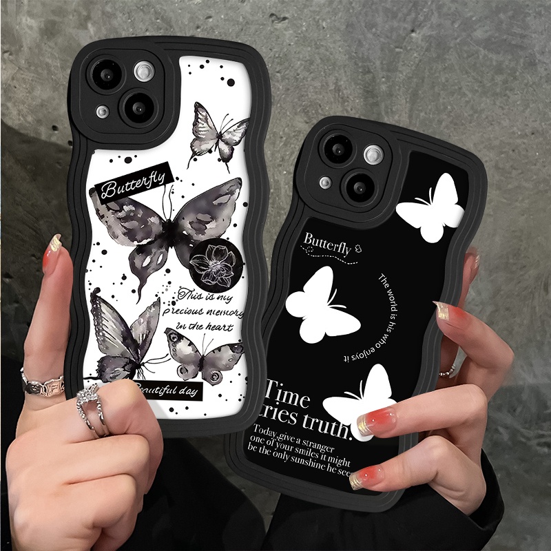 Label Tinta Huruf Tepi Bergelombang Casing Ponsel Untuk iPhone 7Plus 13 11 12 14 Pro Max XR 6s 8-6 7 Plus X XS Max SE 2020 Ins Kepribadian Fashion Fantasy Butterfly Soft Back Cover