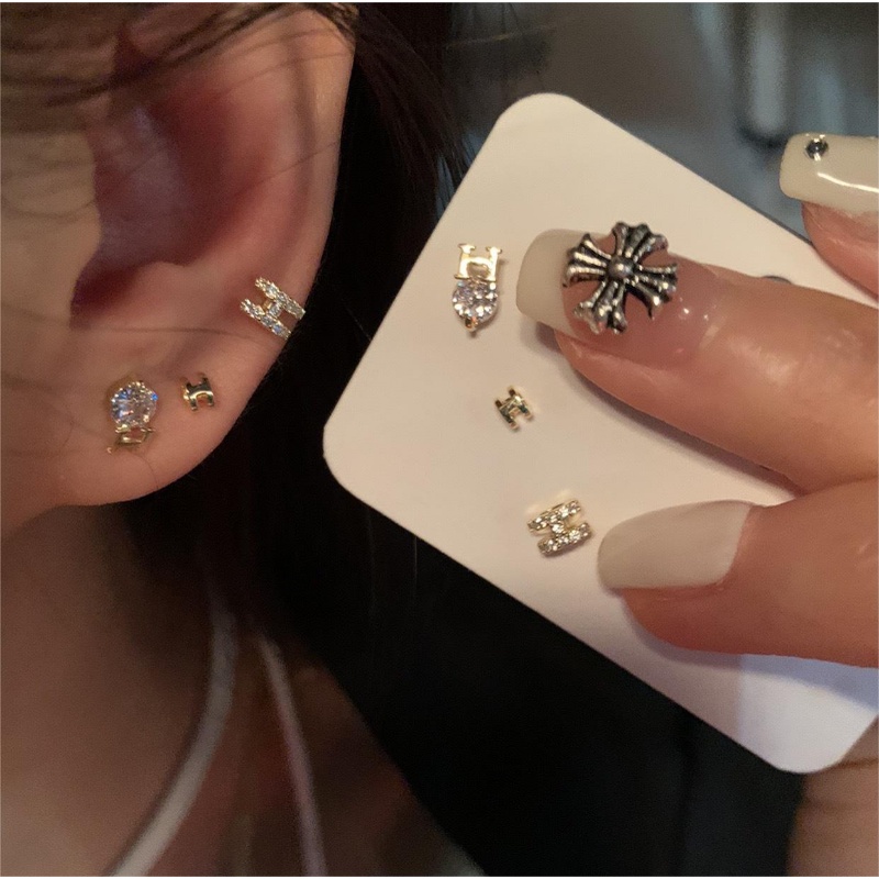 Ahellogirl Satu Kartu Tiga Pasang Kombinasi Set Anting Berbentuk C S925 Jarum Perak Kecil Dan Serbaguna Ringan Mewah Anting Sederhana