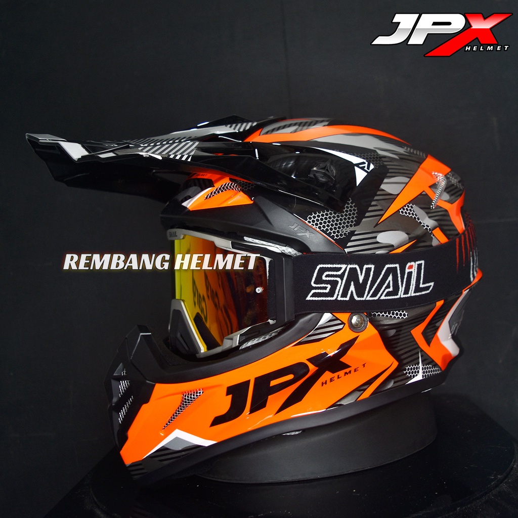 HELM JPX CROSS MOTIF X35 FLUO RED GLOSS PAKET GANTENG GOOGLE SNAIL ORIGINAL, HELM TRAIL MOTOR CROSS
