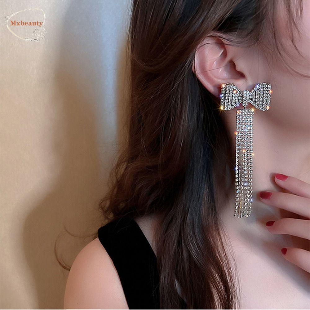 Mxbeauty Wanita Drop Anting Elegan Pesona Indah Panjang Rumbai Gadis Hadiah Busur-Simpul Berlian Imitasi Temperamen Gaya Korea Menjuntai Anting-Anting