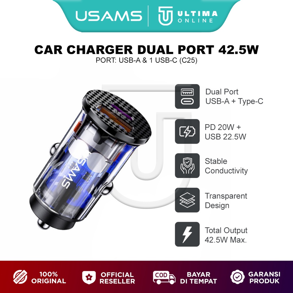 USAMS Car Charger Dual Port USB C+USB Charger Mobil Fast Charge 42.5W