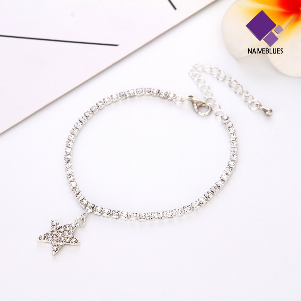 &lt; Naiveblues &gt; Gelang Kaki Liontin Bintang Berujung Lima Adjustable Perhiasan Berlian Imitasi Hias Foot Untuk Wanita