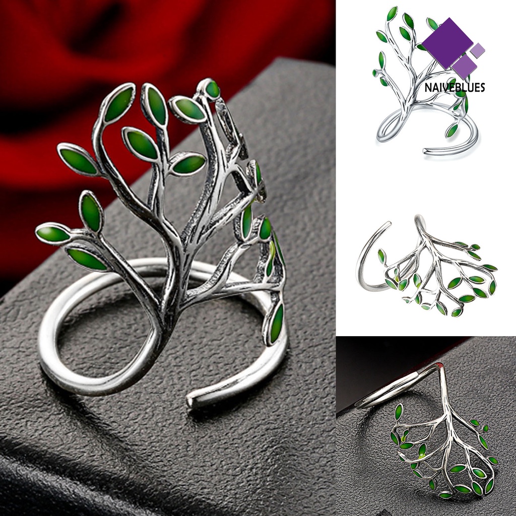 &lt; Naiveblues &gt; Cincin Unisex Bukaan Adjustable Tembaga Cabang Hijau Daun Aksesoris Cincin