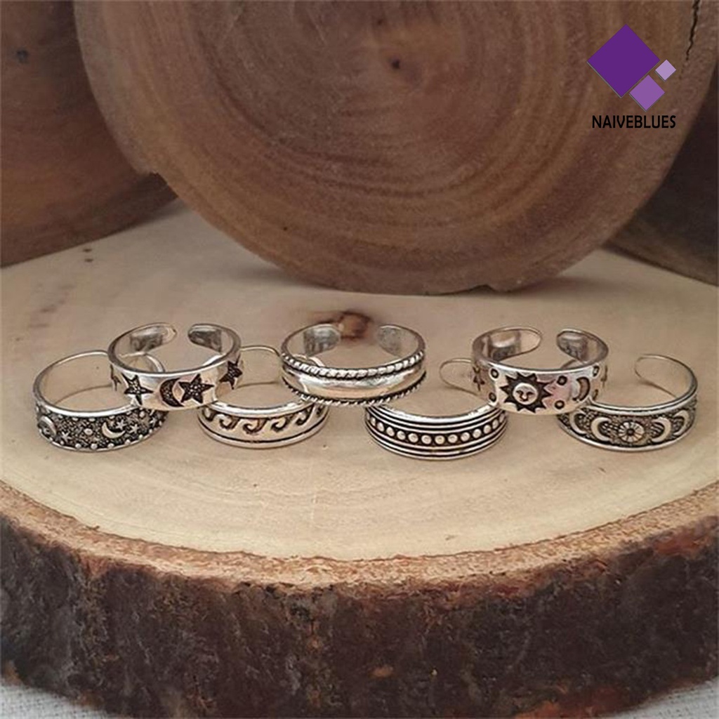 &lt; Naiveblues &gt; 7Pcs Cincin Jari Kaki Bulan Bintang Pembukaan Perhiasan Bohemian Electroplating Rings Untuk