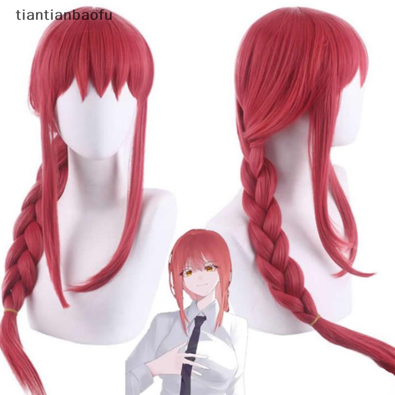 [tiantianbaofu] Wanita Makima Anime Rantai Man Cosplay Panjang Dikepang Lurus Rambut Sintetis Halloween Merah Peran Bermain Pesta Wig Aksesoris Butik