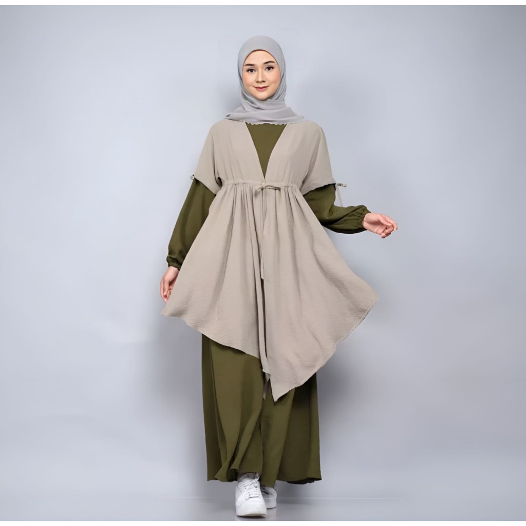 Faiza Set Setelan Gamis + Outer Crinkle Airflow Muslim Wanita Korean Style Premium Terlaris