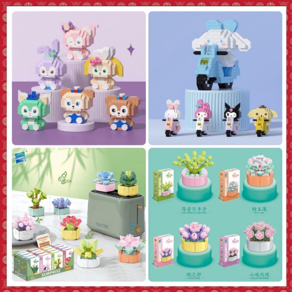 Mainan Balok Susun Karakter Cute Bersepeda kuromi Mainan Anak Lotso / Mainan Edukasi DIY Balok Blok Pink Bear / Nano Block  Hiasan Bunga Flowers Lego 3D Puzzle Brick Mini