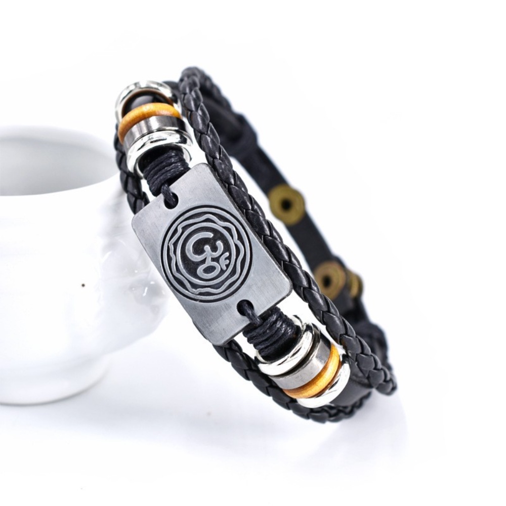 [X C Gelang] Baru Hindu AUM Gelang Kulit Hitam Vintage Hip Hop Punk Gelang Kulit Lengan Manik-Manik Multilayer Zinc Alloy Anyaman Gelang