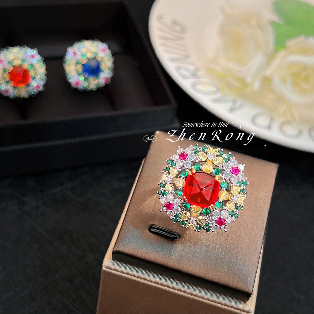 Goldkingdom Aksesoris Perhiasan Fashion Ready Stock Secret Garden Natural Zamrud Cincin Vintage Berlian Royal Blue Ruby Girl