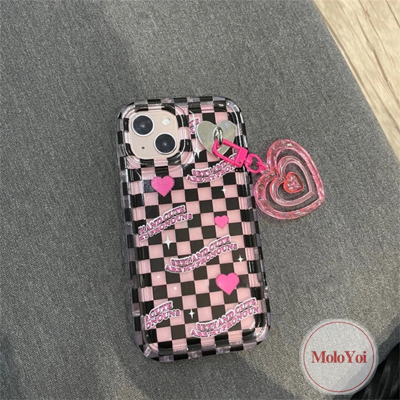 3d Cinta Hati Liontin Case Kompatibel Untuk IPhone 7Plus XR 11 14 13 12 Pro MAX 6 6S Plus X XS MAX Kawaii Korea Lucu Kotak-Kotak Kisi Shockproof Bening Lembut TPU Airbag Penutup Belakang