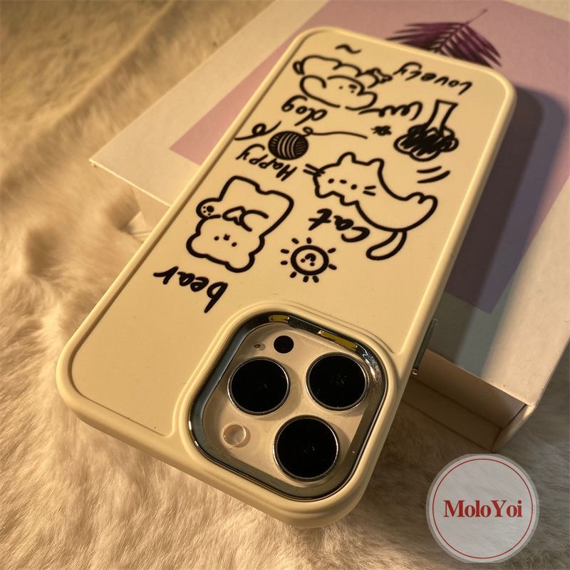 Cinta Hati Lucu Kucing Anjing Beruang Casing Ponsel Kompatibel Untuk IPhone 7Plus 11 13 14 12 Pro Max XR 87 Plus X XS Max Art Kartun Graffiti Bunga Plating Bingkai Lensa Logam Soft Cover