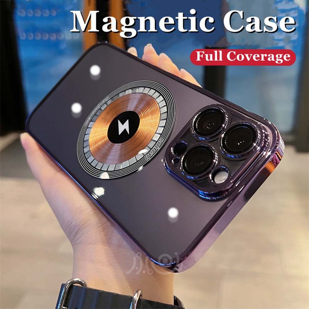 Luxury Wireless Charging Magnetic Phone Case Untuk iPhone 14 Pro Max11 12 13 Pro Max Casing Berlapis Tipis Perlindungan Lensa Clear Cover