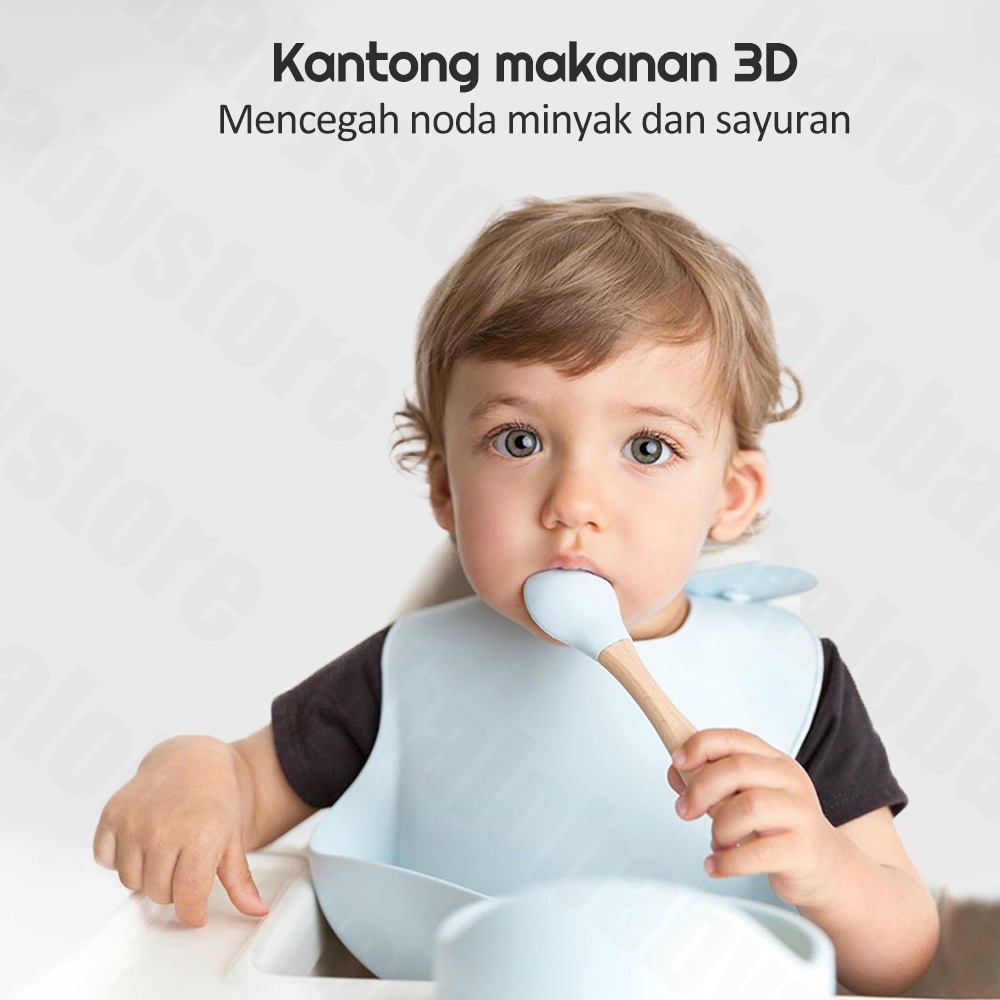 Halo Baby 3pcs Premium Baby Bibs/Mangkok Bayi Set Sendok Bib Warna Anti Slip Silikon BPA Free Waterproof/Mpasi Celemek Makan Bayi