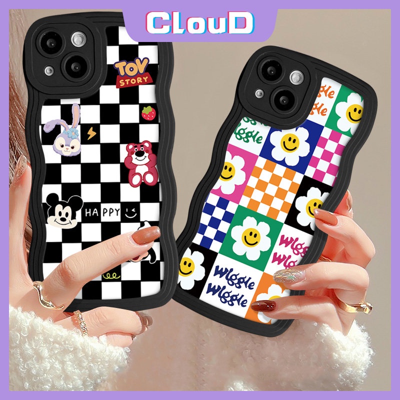 Casing Bunga Kotak-Kotak Untuk Redmi 9C 12C 9T 9A 10 10C A1 9 10A A1+Mi 11T Pro Redmi Note 9s 10s 10 11 11s 8 9 Pro POCO M3 X3 NFC Pro Wavy Edge Lembut Lucu Strawberry Bear Smile Sarung