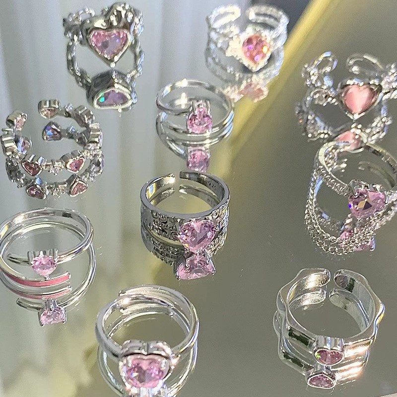 Cincin Zirkon Hati Y2K Kupu Busur Pink Kristal Titanium Pembukaan Rings Untuk Wanita Fashion Perhiasan Aksesoris