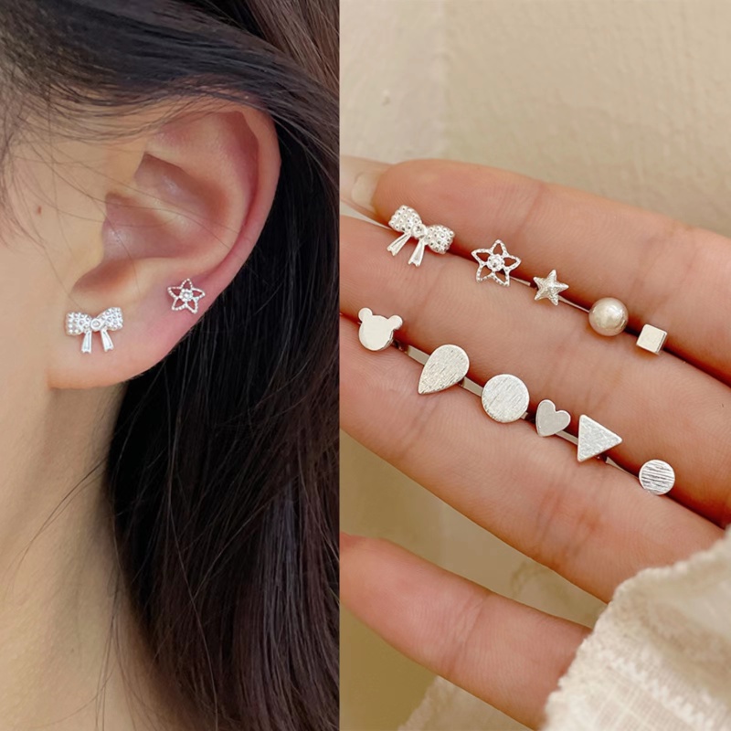 Vintage Mini Silver Stud Earrings Korea Sederhana Hati Busur Simpul Anting Banyak Gaya Anting Murah Perhiasan Hadiah
