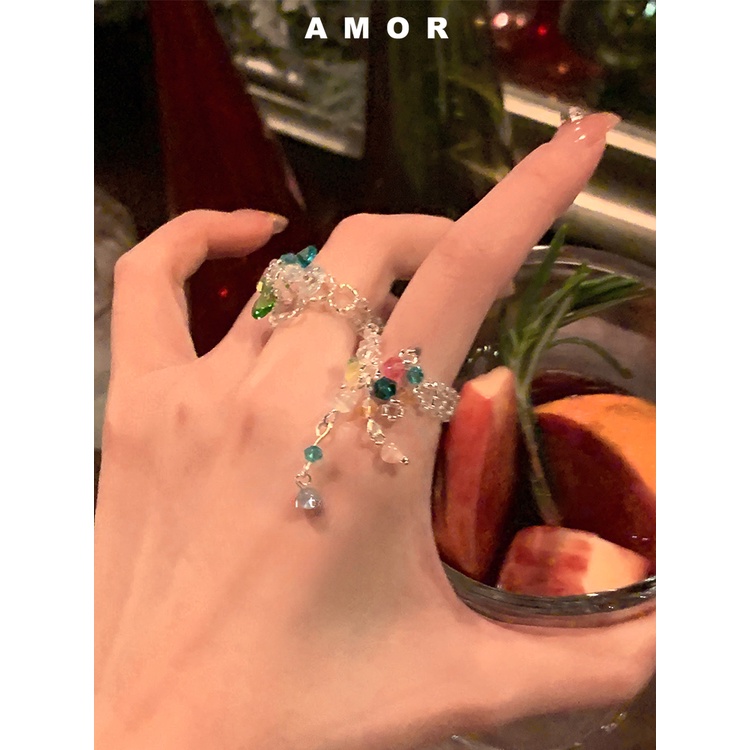 Y2k Cincin Set Rumbai Lucu Bunga Warna-Warni Manik-Manik Cincin Kristal Jari Telunjuk Cincin Terawang