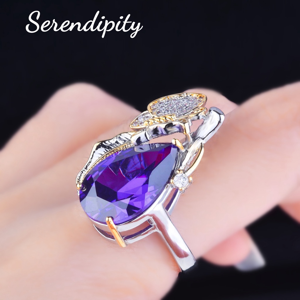 Goldkingdom Fashion Perhiasan Aksesoris Ready Stock Vintage Two-tone Emas Super Peri Bunga Kupu-Kupu Set Padparadscha Kalung Amethyst Stud Anting Cincin