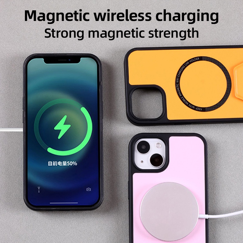 IPHONE Magsafe Wireless Charging Polos leather Stand Phone Protection Case Cocok Untuk Iphone11 12 13 14 Pro max Stand Lipat Silikon Kulit